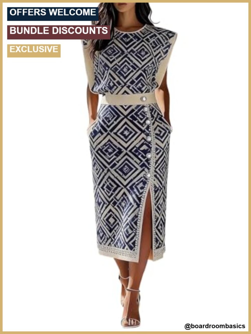 Womens 2 Piece Skirt Set Geometric Print Sleeveless Top & Slit Midi Skirt
